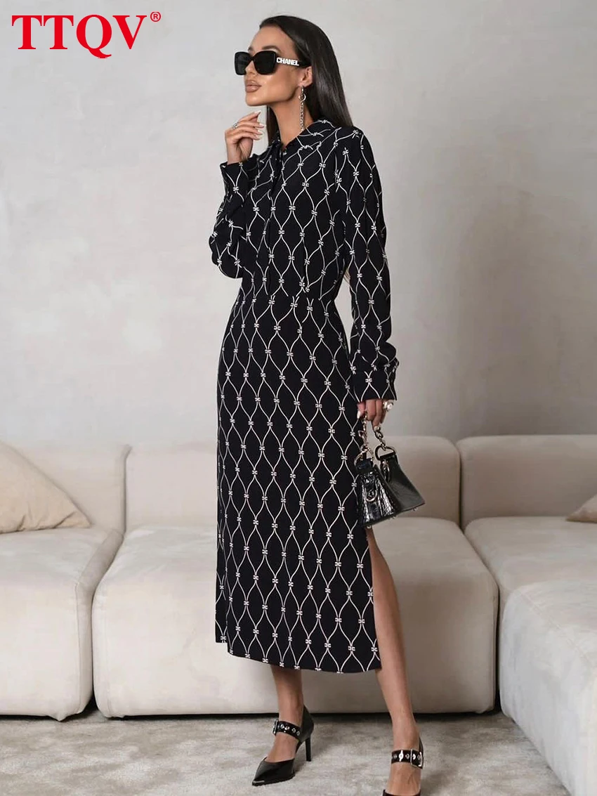 

TTQV Fashion Loose Print Women'S Dress 2024 Casual Lapel Long Sleeve Midi Dresses Elegant Classic Lace-Up Slit Female Dress