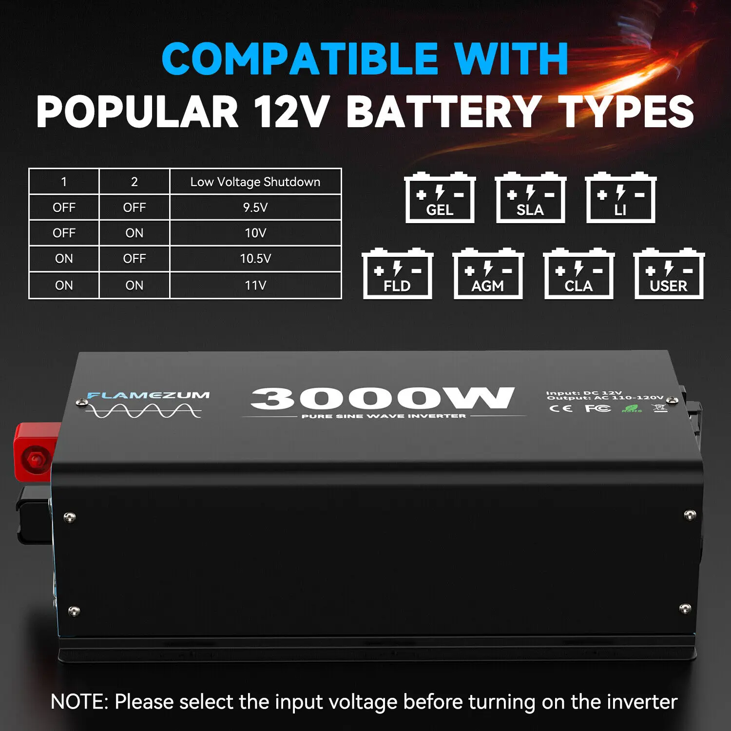 3000W Pure Sine Wave Power Inverter 12V DC to 110V/120V AC, 6000W Peak Car Inverter for RV Remote Control, 4 AC Outlets, 30W USB-C Port,L-N-PE Terminal,and LCD Display Provide Reliable Backup Power for RV, Truck, Solar, Camping and Off-Grid Use.