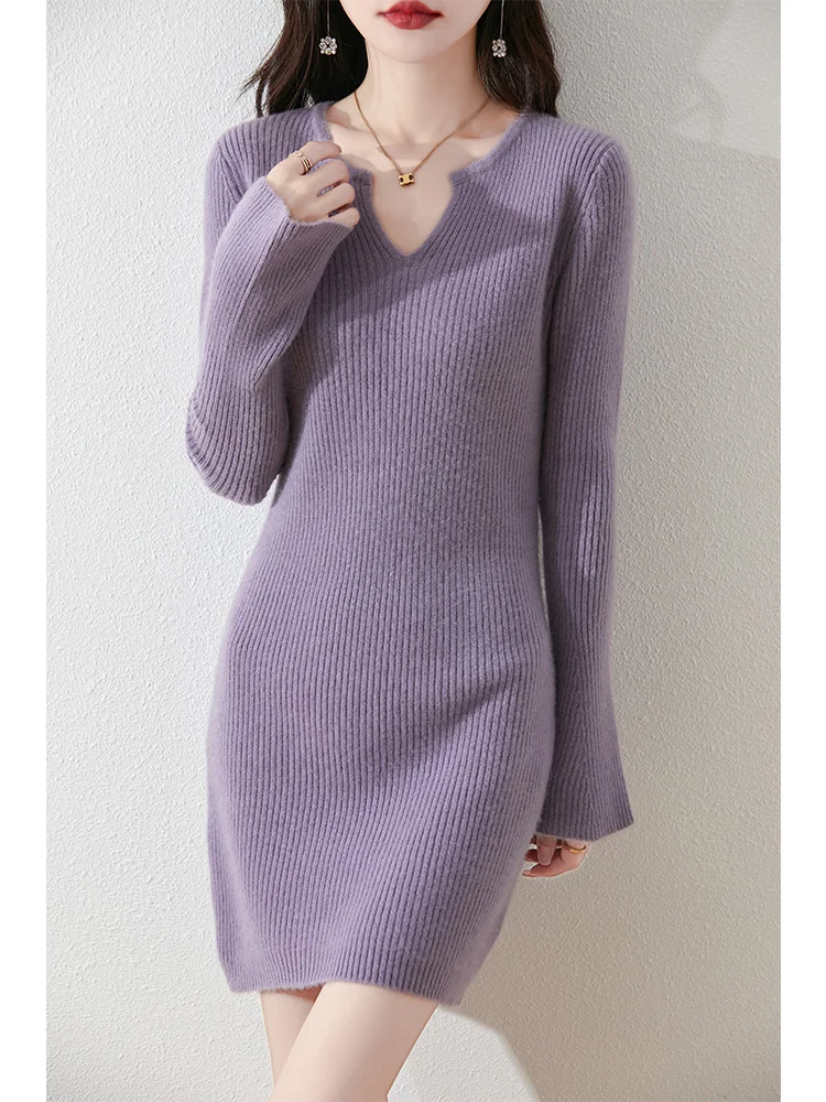 Chic Women Wool Dress Slim Pullover Autumn Winter 100% Merino Wool Knitwear Office Lady Cozy Flare Sleeve Cashmere Sweater Skirt