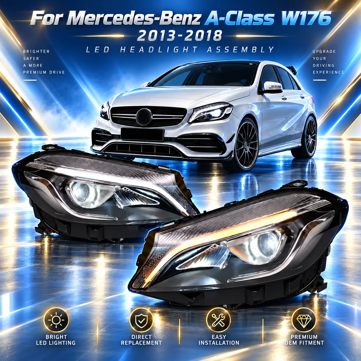 Gruppo fari anteriori a LED per Mercedes-Benz Classe A W176 2013-2018, kit di aggiornamento per fari di design, accessori per l’illuminazione anteriore di autoveicoli.