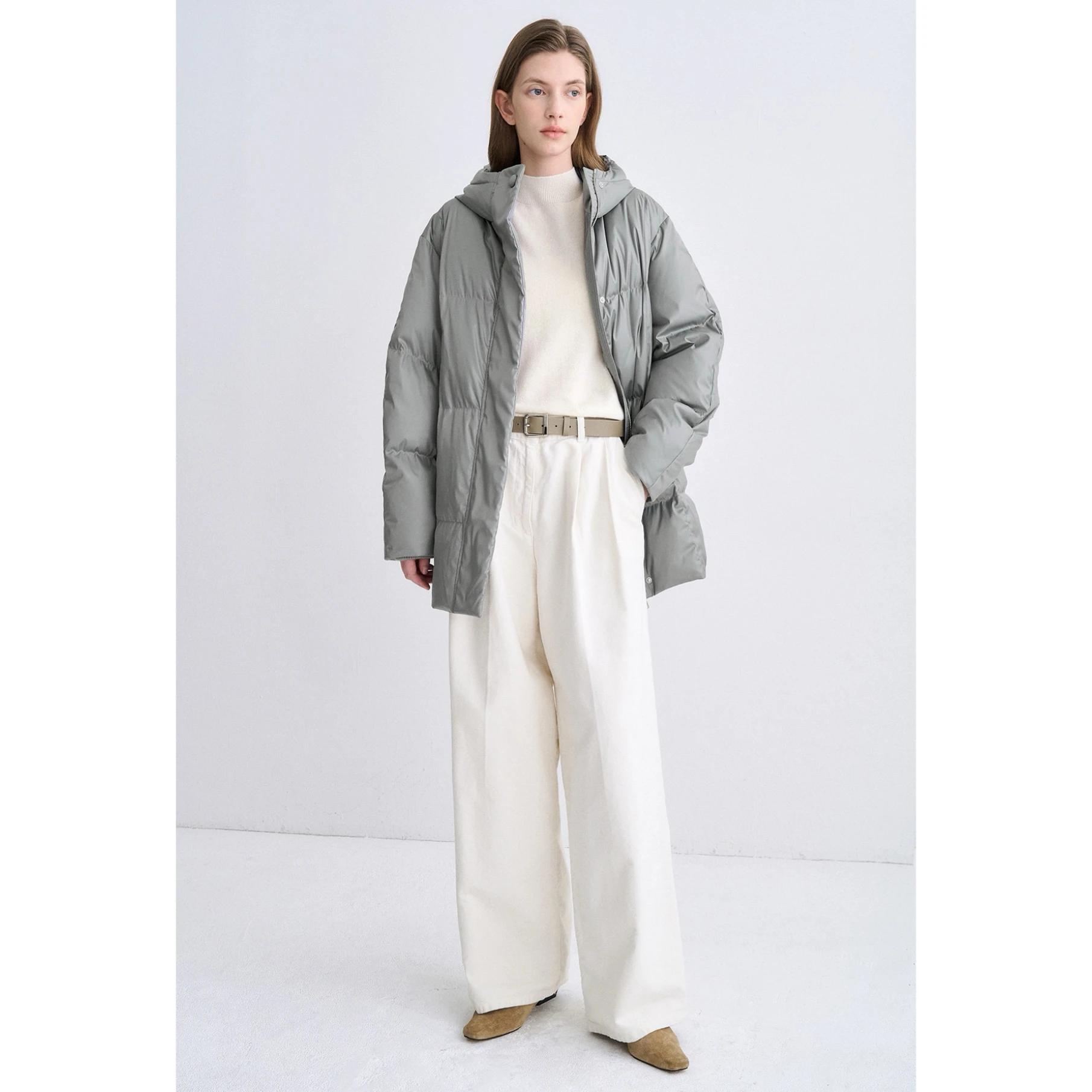 Casual Lemon Cheese TIM25 Winter Long Hooded Belted Versatile Slimming down Jacket Quilted Goose down Warm Thickened Long Sle...