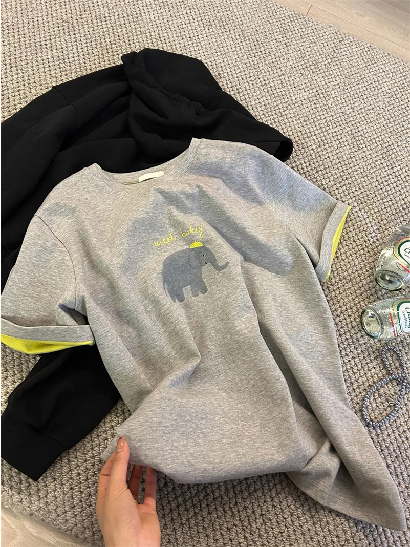 

Корейская стильная футболка с коротким рукавом и вышивкой в виде слона, повседневный топ для женщин, свободный крой с высокой талией, летняя мода