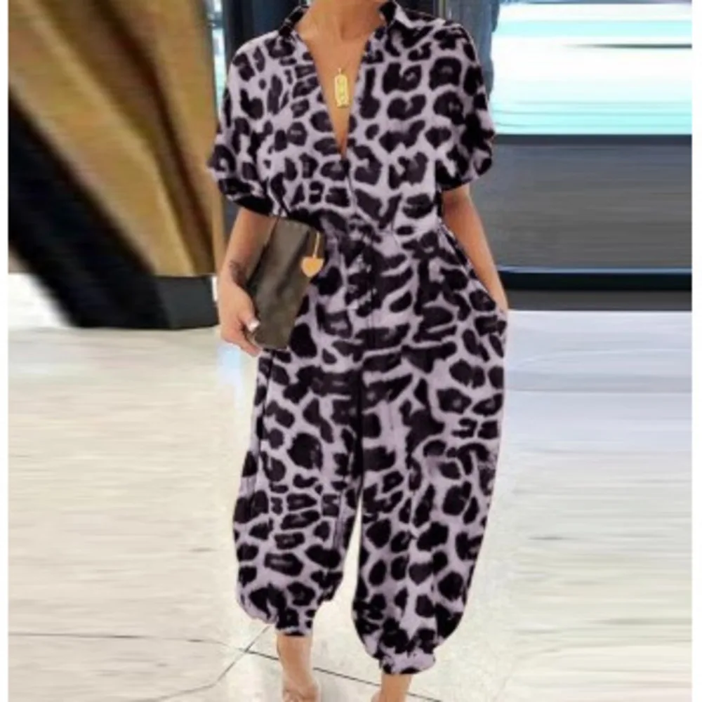 Womens Leopard Print Jumpsuit 2023 Leopard Jumpsuit Retro Short Sleeve Button Up Wide Leg Pants Loose Fit Plus Size