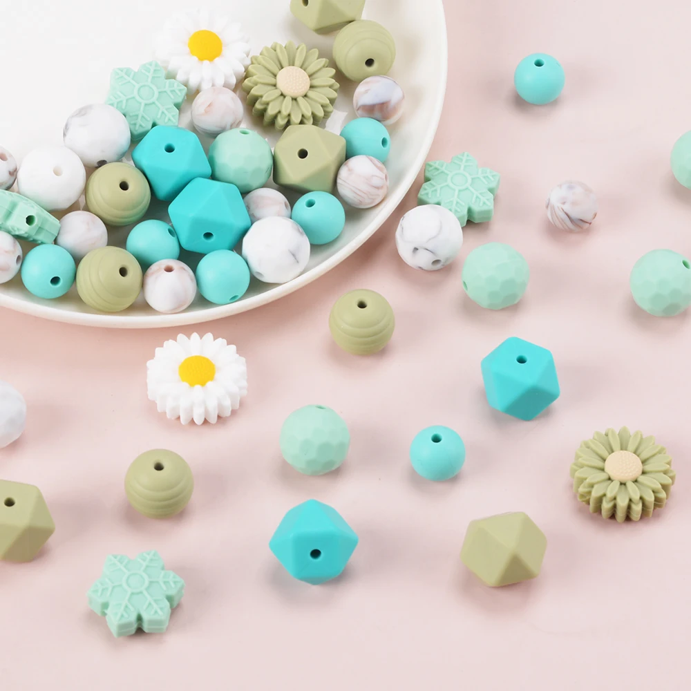 LOFCA 22mm Daisy Round Silicone Safe Round Teeth Jewelry Treasure Snowflake Teething Beads DIY Chew color baby teething