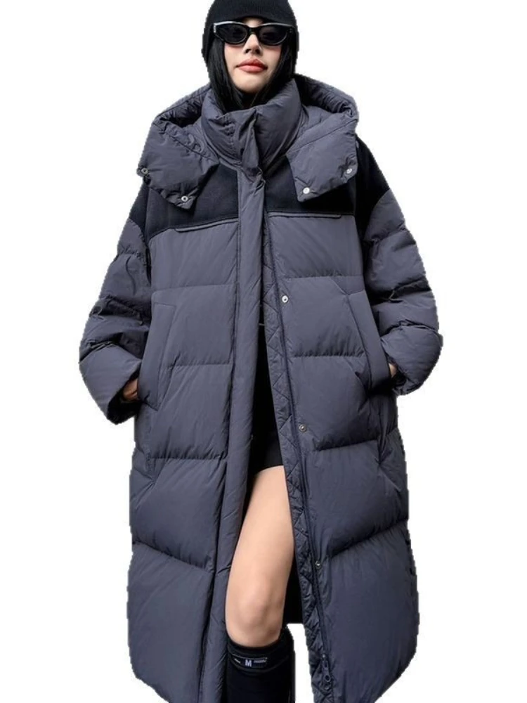 2025 hiver longue doudoune femme Parkas à capuche épissé épaissir chaud lâche pardessus femmes 90% blanc canard bouffant manteau vêtements d'extérieur