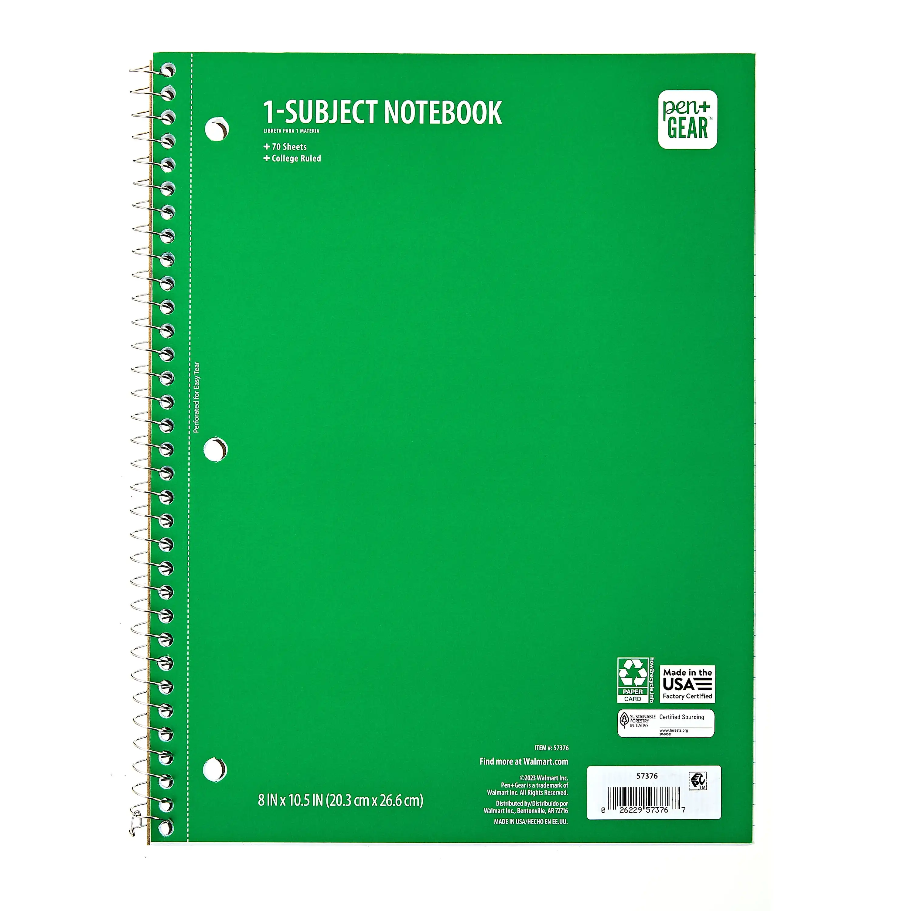 College Ruled 1-Subject Notebook, 8" x 10.5", Green, 70 Sheets