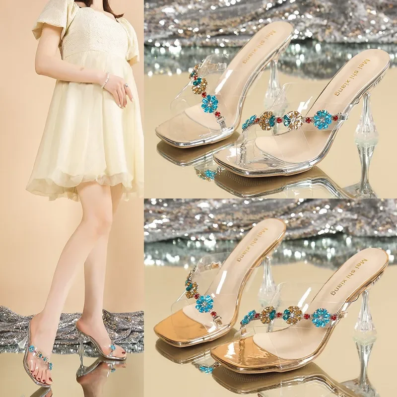 High end feeling with long legs, 2024 summer new crystal cool slippers, transparent rhinestone high heel slippers for women