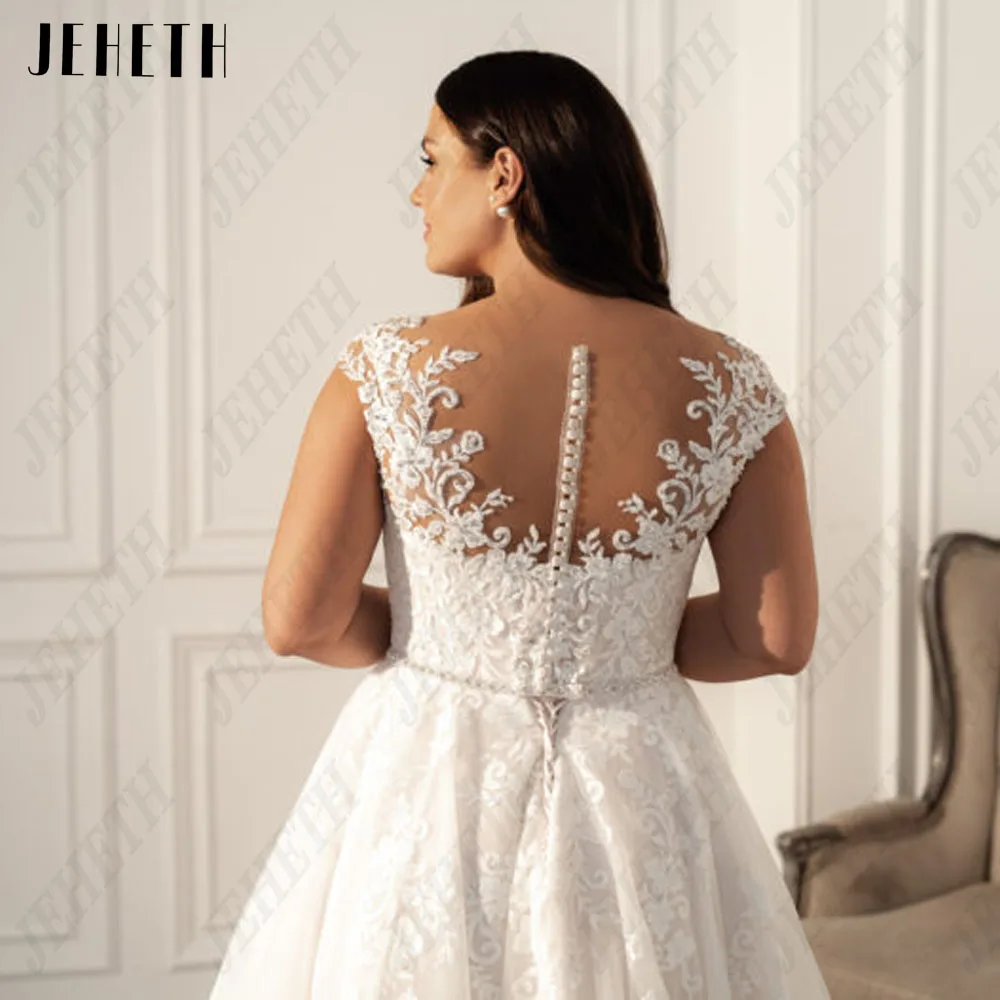 JEHETH-exquisito vestido de novia de talla grande para mujer, mangas casquillo, apliques, ilusión, línea A, tul, cuello redondo