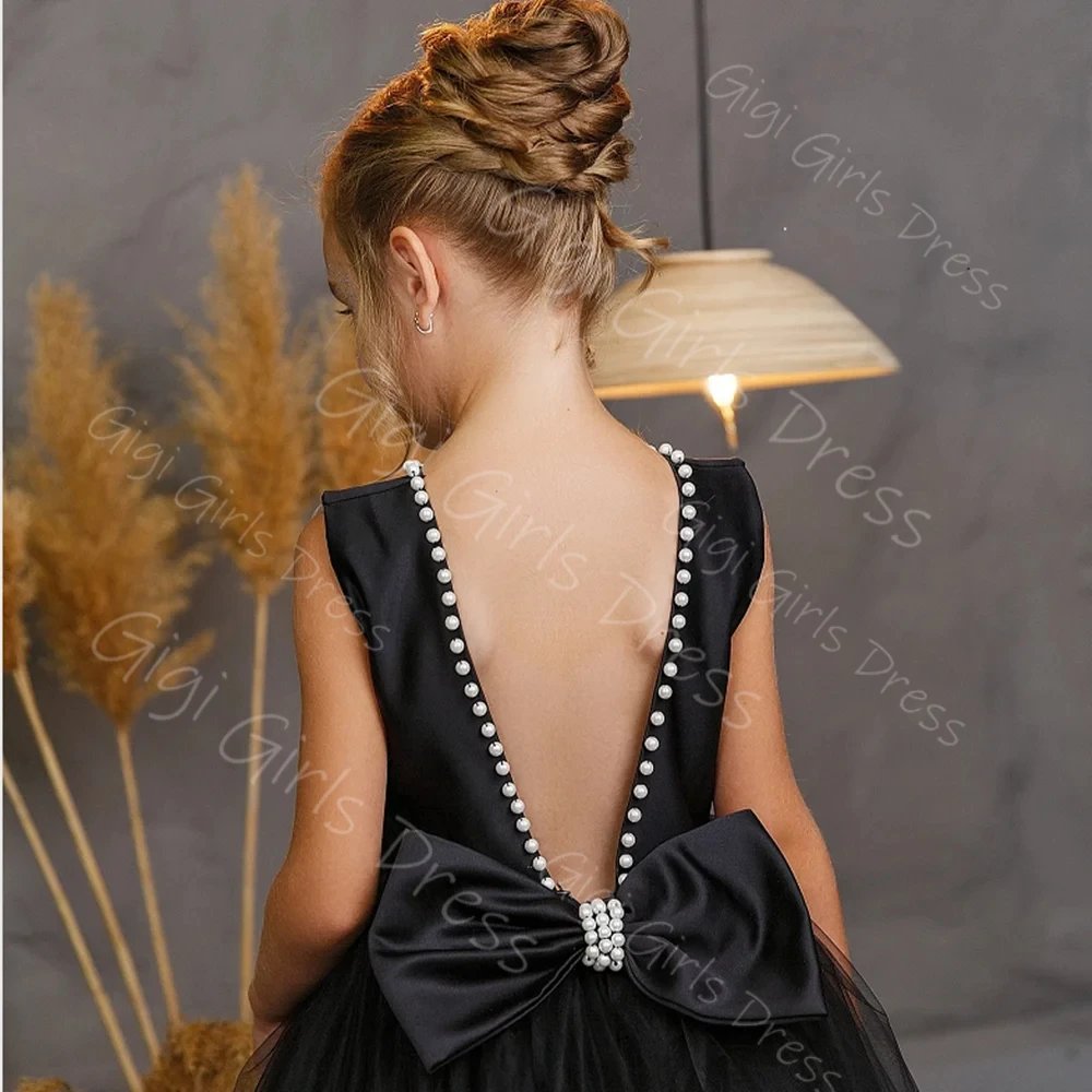 فستان حفلات للفتيات باللون الأسود برقبة سكوب مفتوح الظهر فستان فتاة الزهور لحفلات الزفاف مع اللؤلؤ مخصص للأطفال فساتين التواصل الأول #3