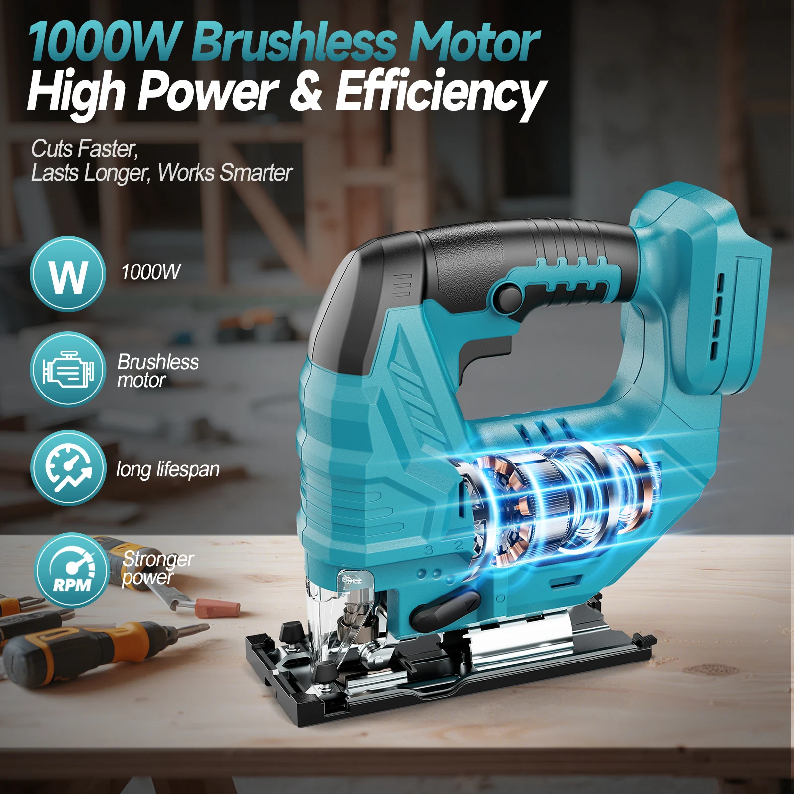 

1000w Jig Saw for Makita/Dewalt/Milwaukee 18V Battery Brushless Jigsaw Cut Off Tool Variable Speed 45° Beveled Cuts