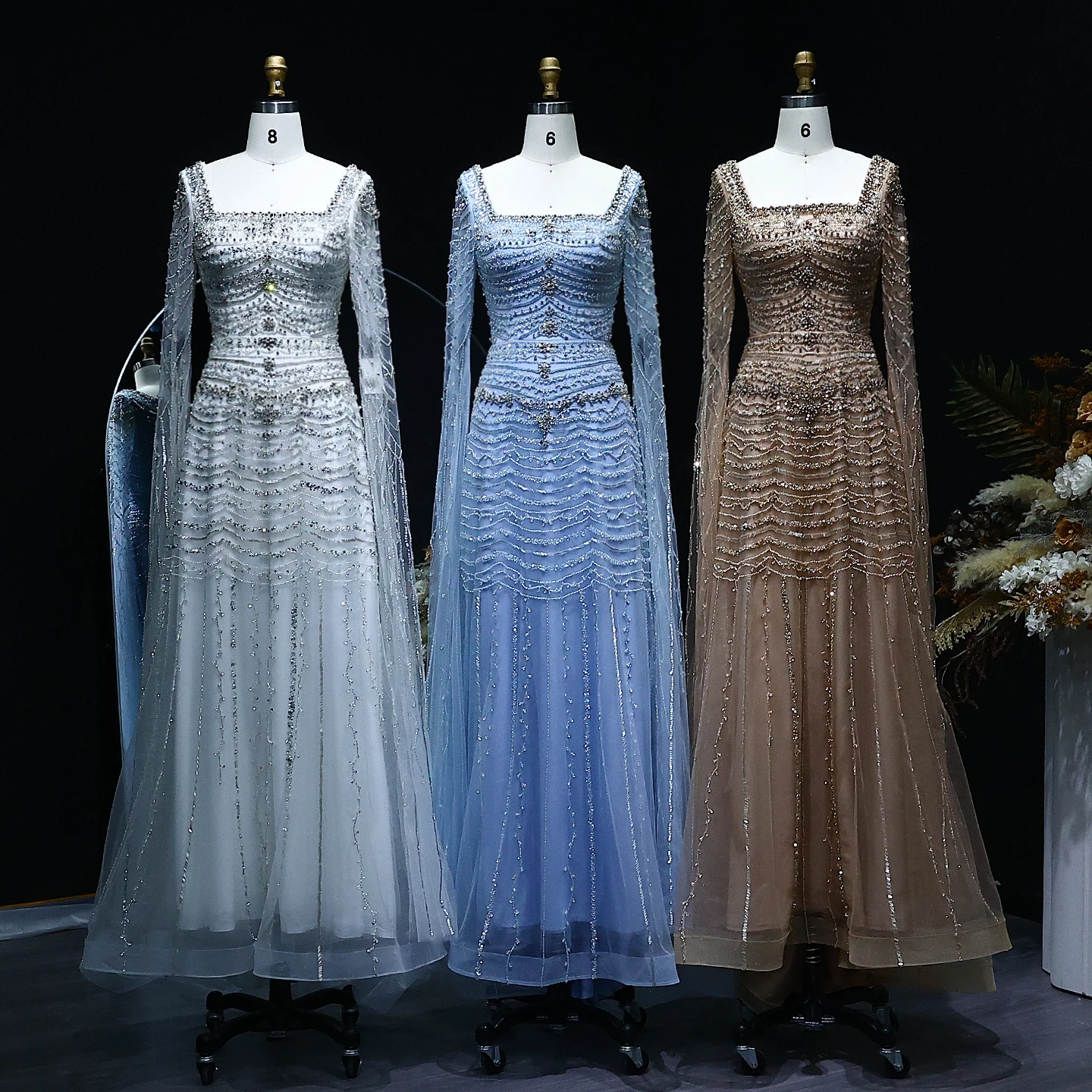 Sharon Said 2025 Dubai Luxury Nude Arabic Evening Dress wih Cape Sleeves Blue White Women Wedding Party Gowns SS591 Customized image 3