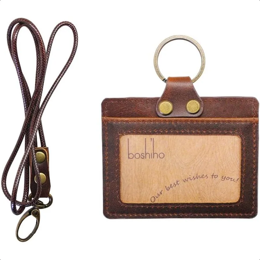 

Badge Holder: Cowhide Leather ID Badge Card Holder with 19 Neck Lanyard Horizontal Style Dark Brown