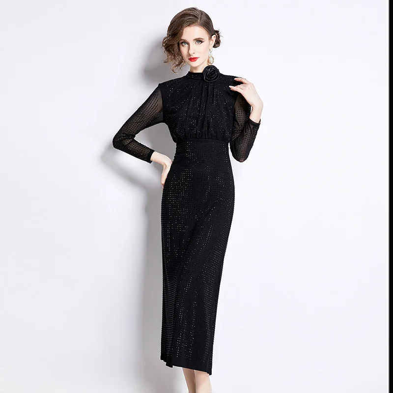 

Runway 2024 Spring Mesh Dress Women Long Sleeve Vestidos