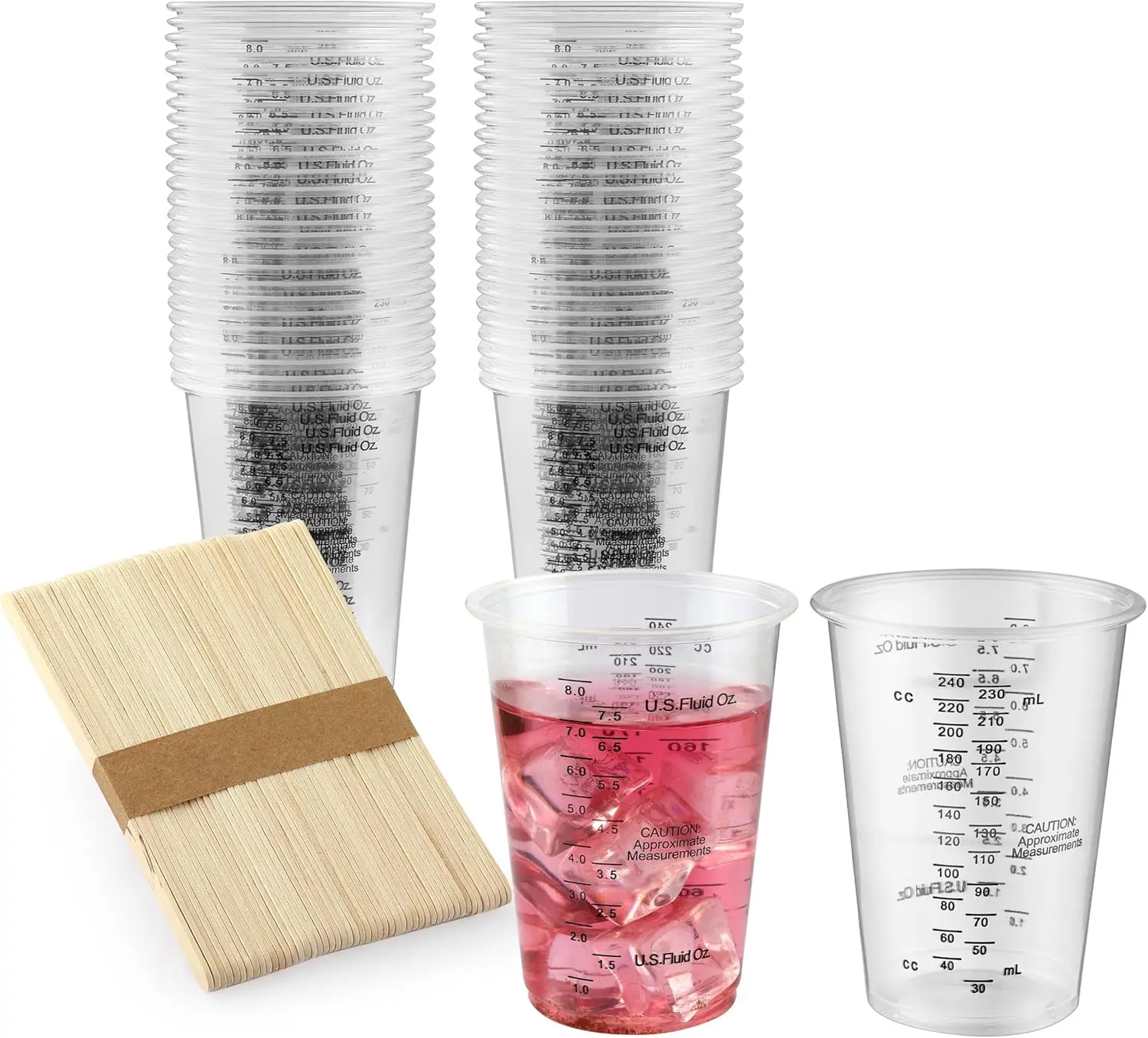 

50 шт. прозрачных пластиковых мерных стаканчиков объемом 8 унций с деревянными мешалками для смешивания эпоксидной смолы, красок и поделок своими руками