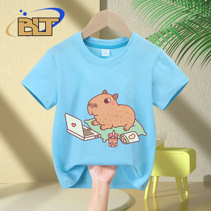 Cute Chilling Capybara With Laptop And Snacks kidsT-shirt summer pure cotton short-sleeved casual tops for boys and girls