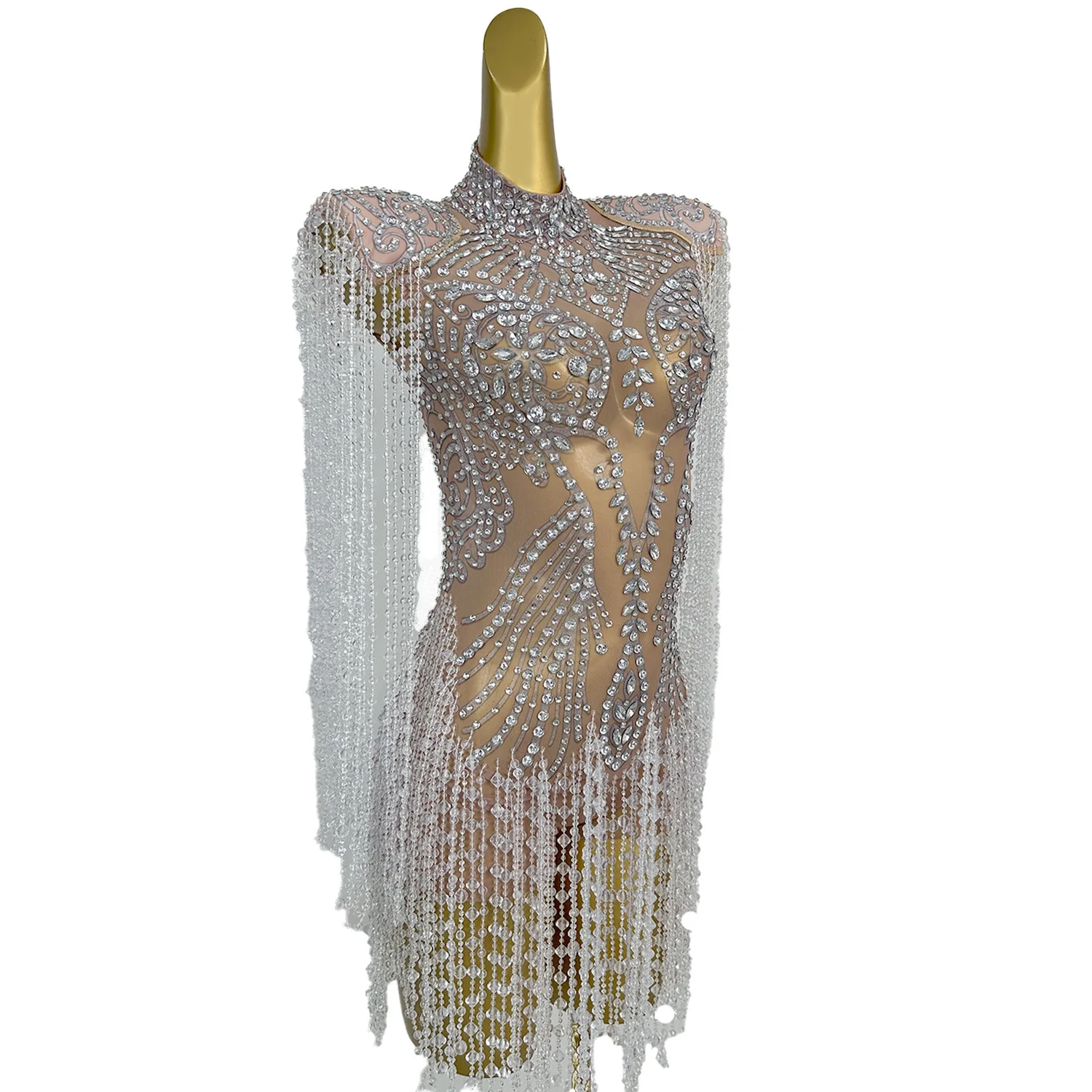 Vestido Mesh Strass Quaste Nachtclub Cocktail Mini Kleid Frauen Party Bankett, Figurbetontes Kleid Abendessen Kleid Leistung Tragen
