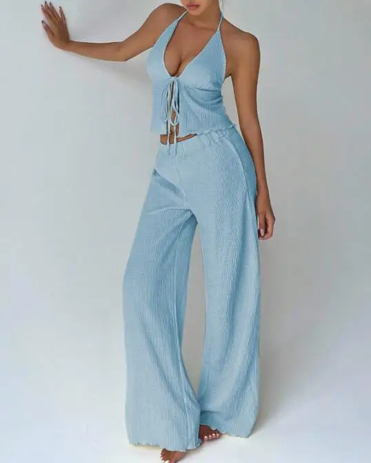 

Two Piece Set Women Outfit 2026 Spring New Hanging Deep V-Neck Backless Crop Top & High Waist Casual Wide Leg Pants Set