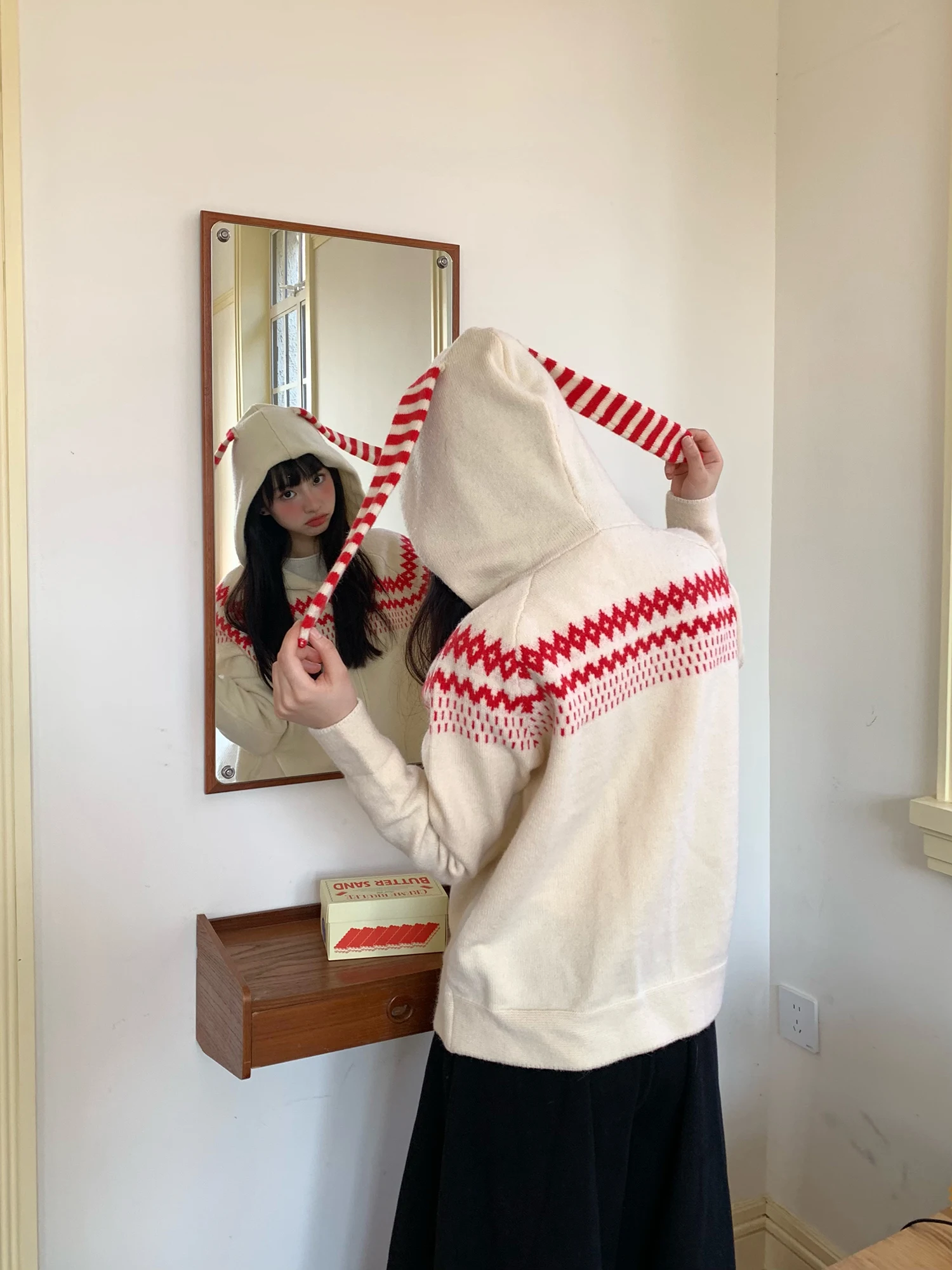 

Cute Sle Knitted Zipper Hoodie Women's Rabbit Ear Sweatirt Color Blo Outerwear Stand Fit Long Sve Daily Wear