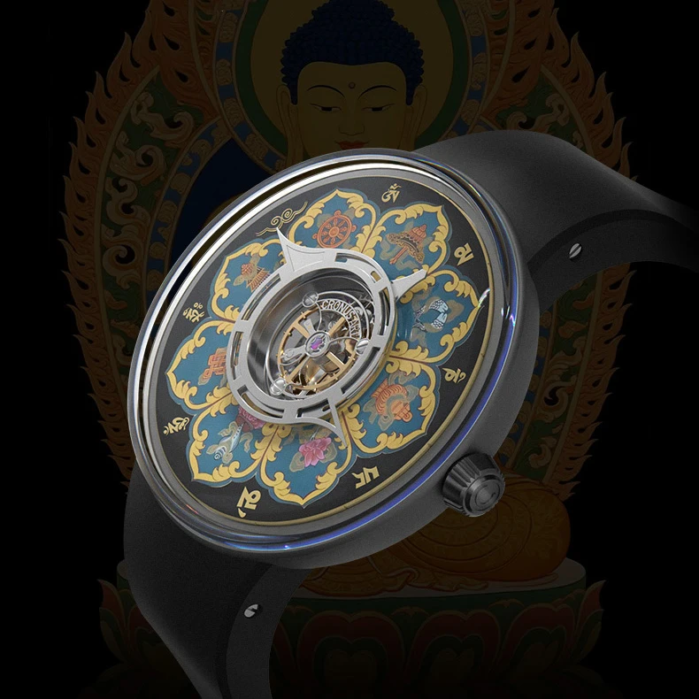 CRONUSART Men Tourbillon Watch 43mm 33 Jewels Titanium Mechanical Wristwatch Luminous Tangka Enamel Dial Sapphire Skeleton Dial