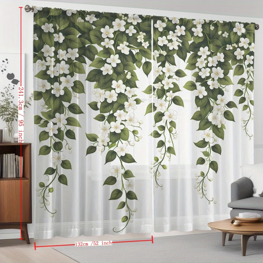 2PCS 디지털 프린트 시스루 커튼, 녹색 덩굴과 흰색 - Home Office Rate 리뷰 및 가격