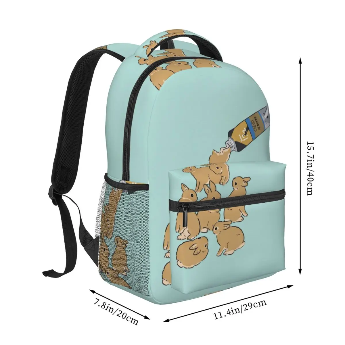Cute Bunny School Backpack Center Rabbit Tube Whimsical Illustration Light Blue Brown Multi Soft Daypack for Teens Travel Daily