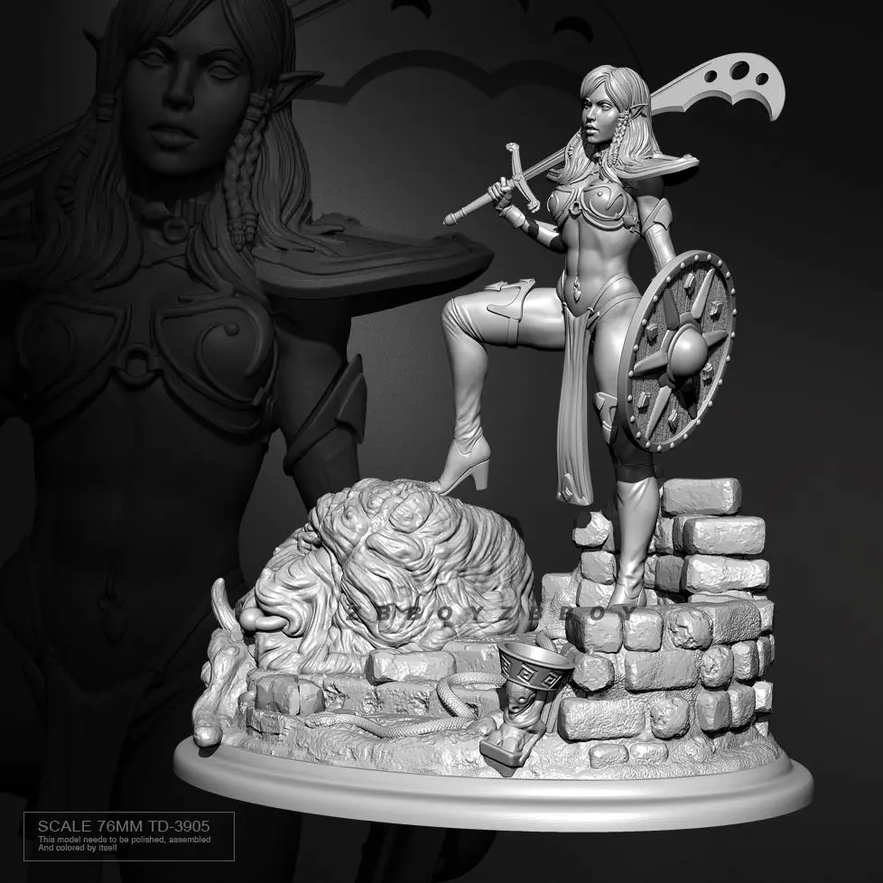 76mm Fantasy Female Greatsword Warrior Miniature Scale Unpainted Resin White Model Kit 3D Printed Figurine Decoration Craft view 3