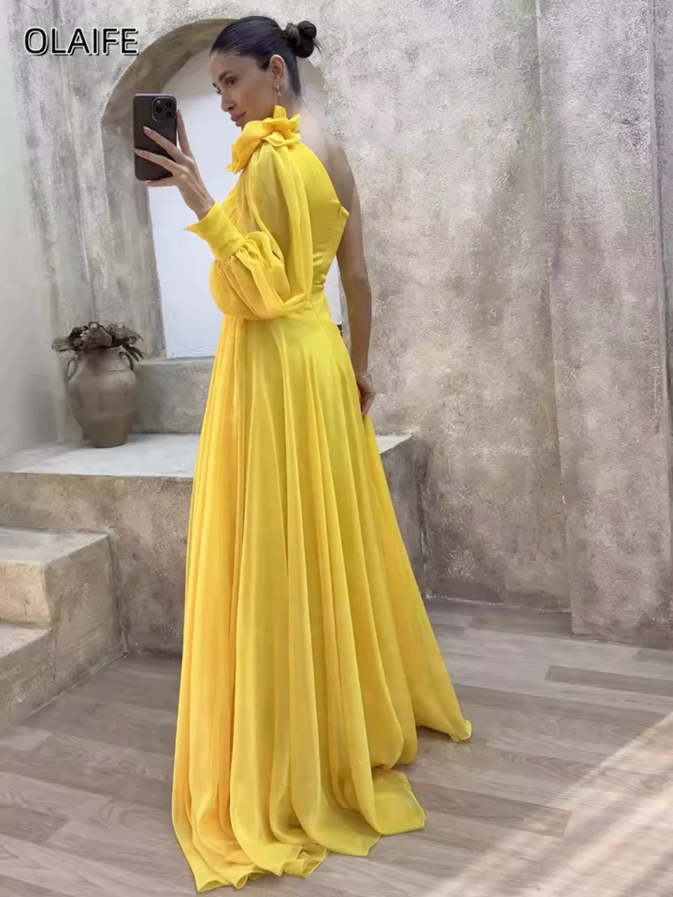 One-Shoulder Flower Prom Dresses Chiffon A-Line Long Sleeves Party Dress Customized Zipper Sweep Train فساتين للمناسبات الخاصة