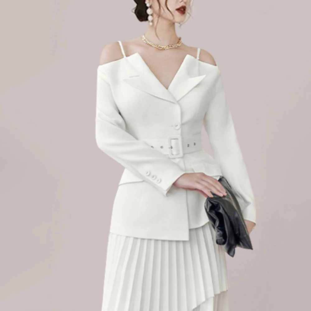 VGH Elegant Skirts Set For Women Lapel Long Sleeve Spliced Belt Tunic Backless Coat High Waist Pleated Skirt Chic Sets Female