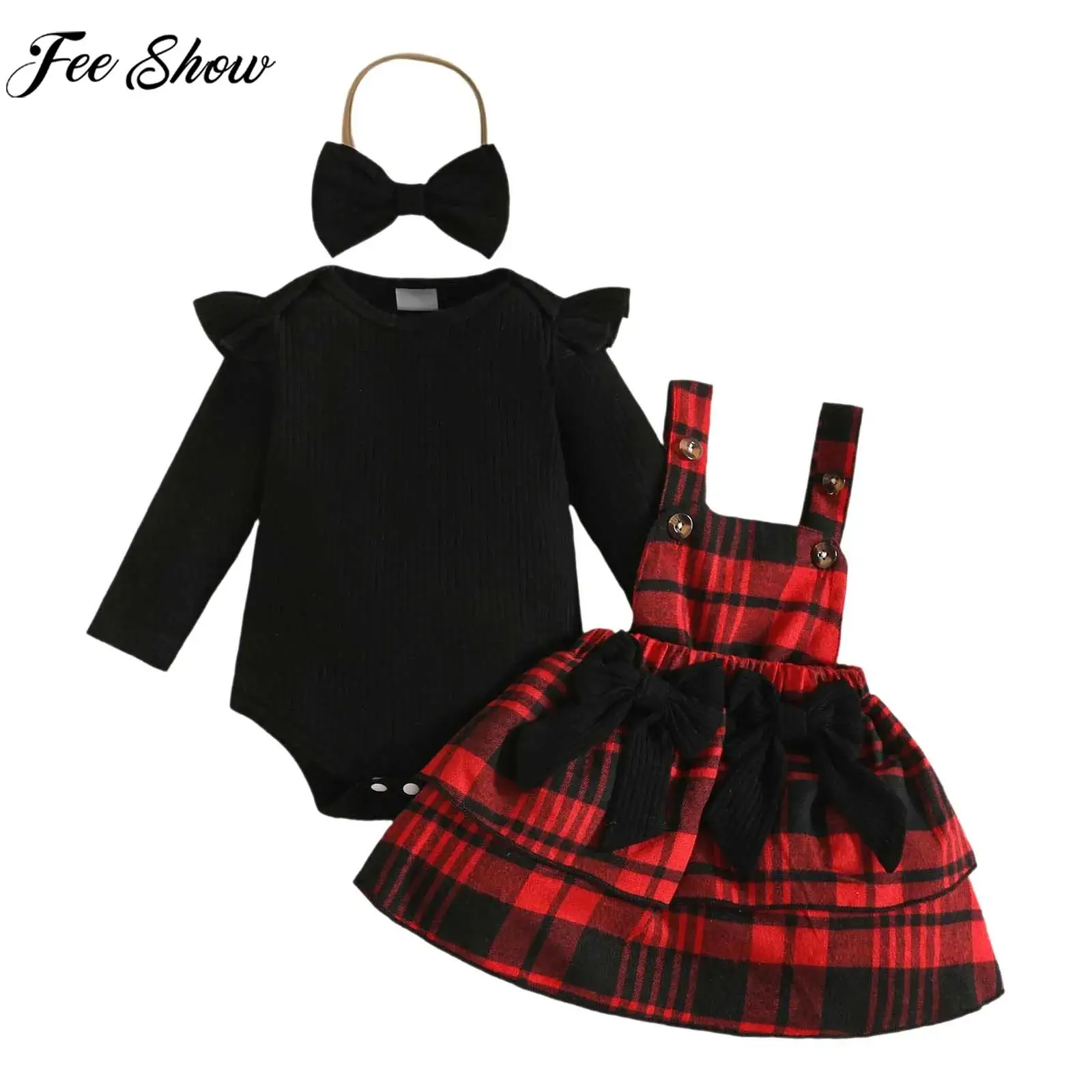 

Infant Girls Christmas Costume Long Sleeve Romper with Bow Plaid Overall Skirt Headband Cute Birthday Party Photography Outfit