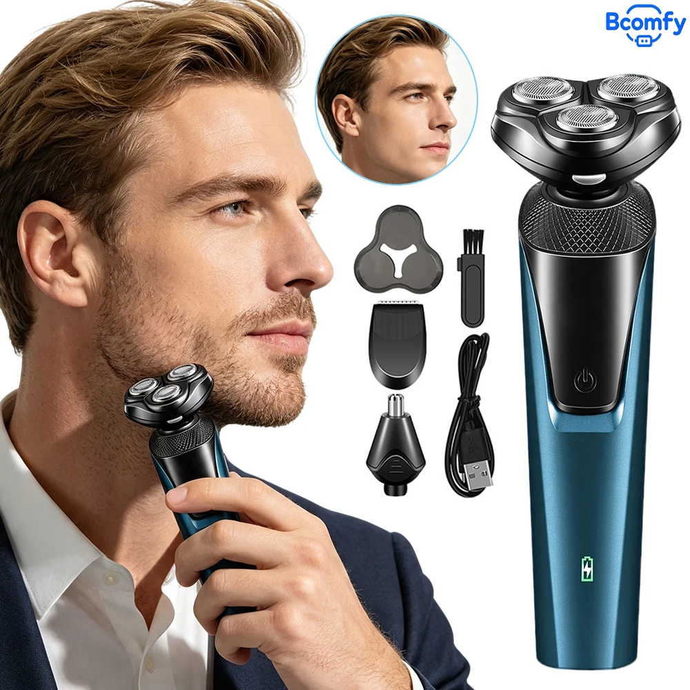 3‑in‑1 Men Electric Rotary Shaver Floating Beard Razor Rechargeable Waterproof Shaver  Nose‑hair Trimmer for Daily FacialShaving