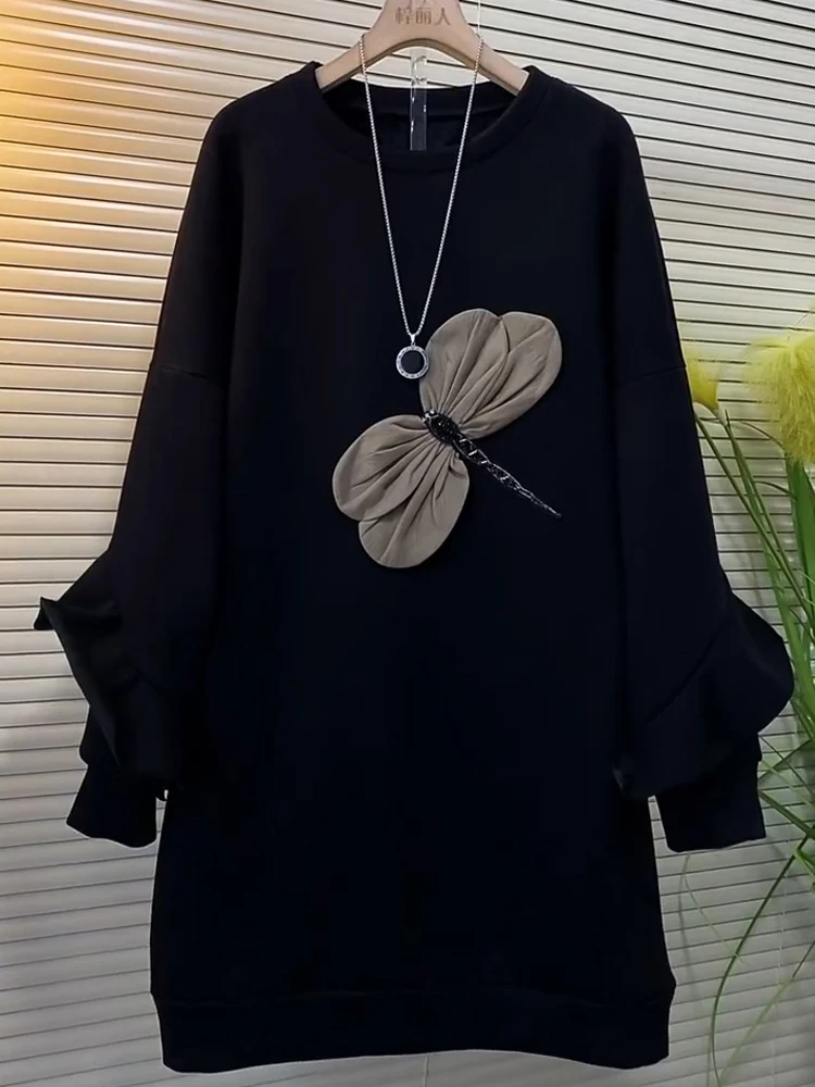 فستان الربيع والخريف بفيونكة حلوة متوسطة الطول كلاسيكي برقبة دائرية سميكة، فساتين سوداء فضفاضة متعددة الاستخدامات بأكمام طويلة #2