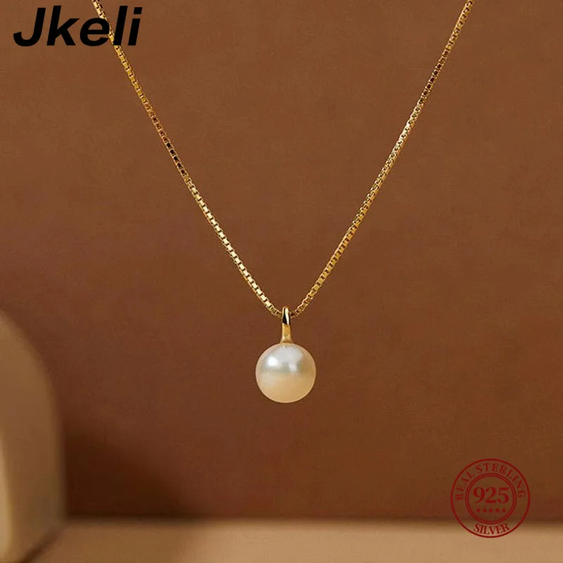 Jkeli Real 925 Sterling Silver Round Pearl Box Chain Choker Necklace For Women Party Cute Fine Jewelry Minimalist Bijoux