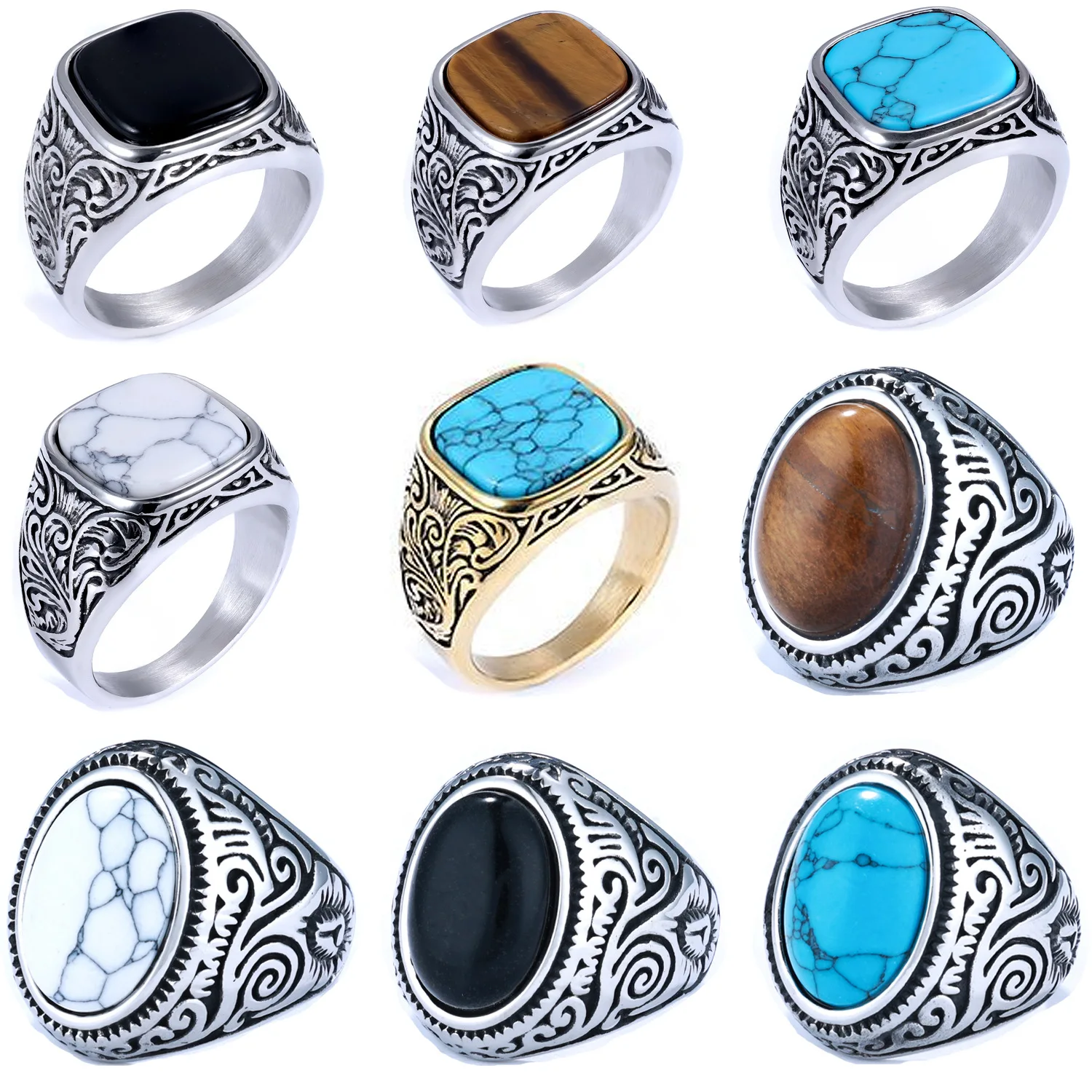 

Retro Turquoise Stainless Steel Ring Carved Oval Square Adult Jewelry Simple Gift Wholesale