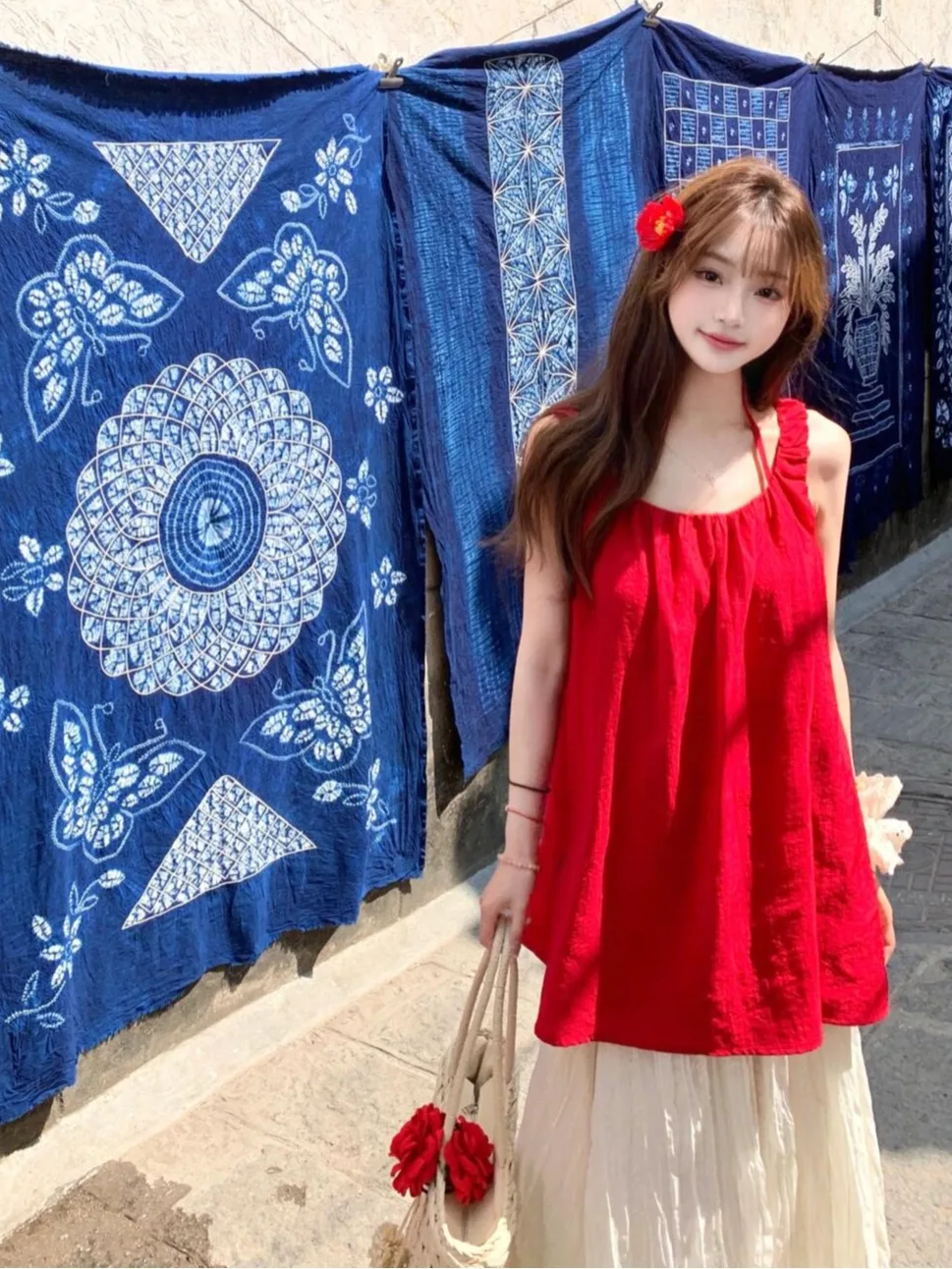 Ankang Red Ice Silk Cotton Linen Strap Vest Women Summer Outdoor Wear Svel Doll irt Dopne Personali Top
