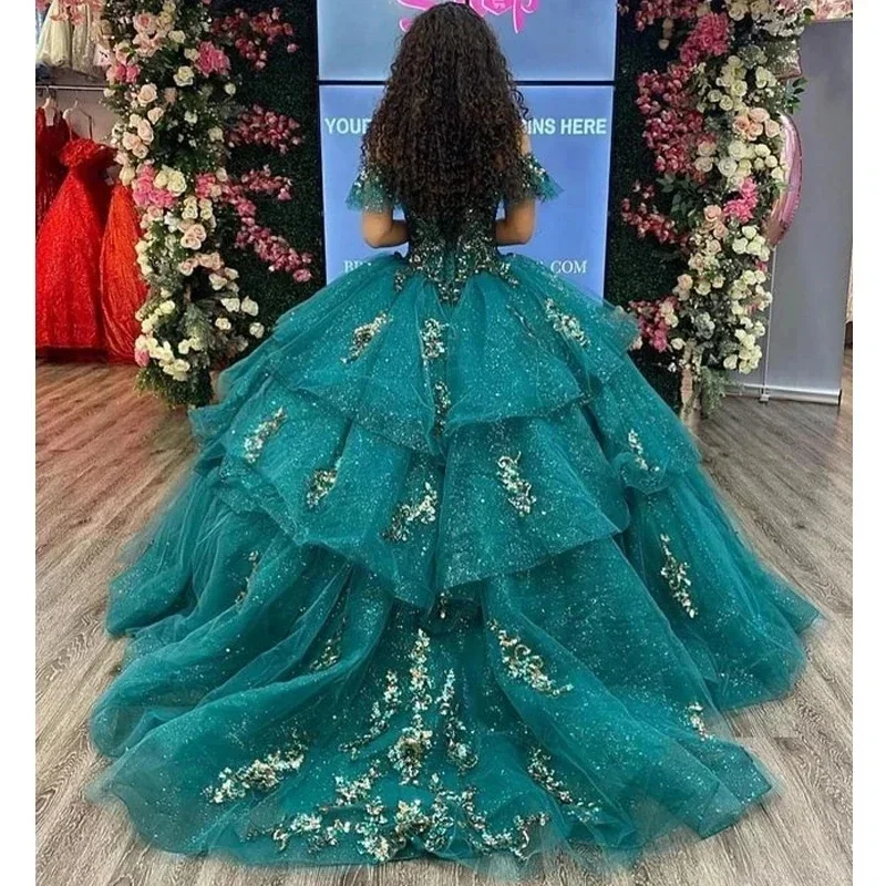 Vestido De quinceañera De princesa verde esmeralda brillante, vestido De baile sin hombros, apliques Mexiacan, fiesta De cumpleaños, 15 años