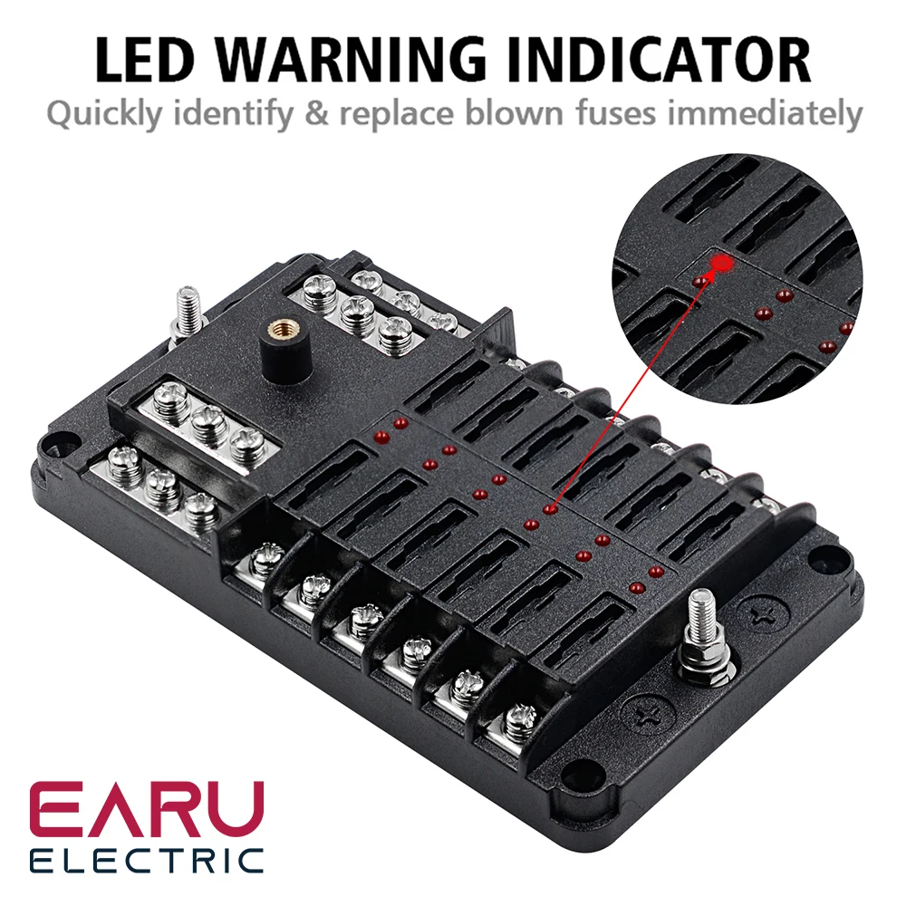 earu Car boat fuse box bracket small black cap independent positive and negative poles 12 in and 12 out fuse box with LED lamp