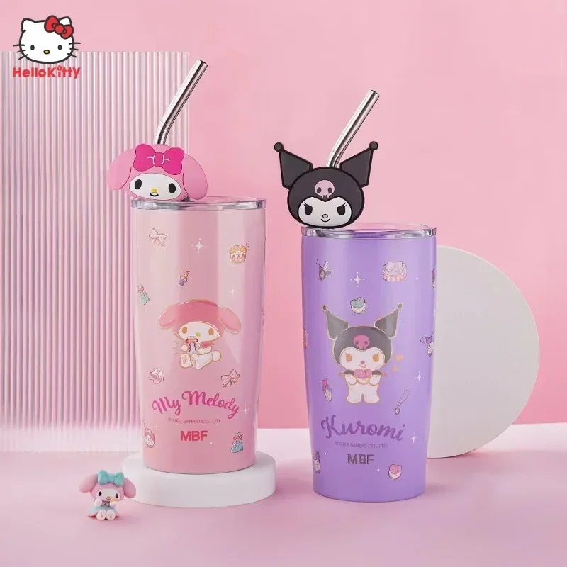 Cangkir air termos Anime Sanrio My Melody Cinnamoroll Kuromi baja tahan karat cangkir minum kartun sedotan dengan tutup hadiah cangkir jus