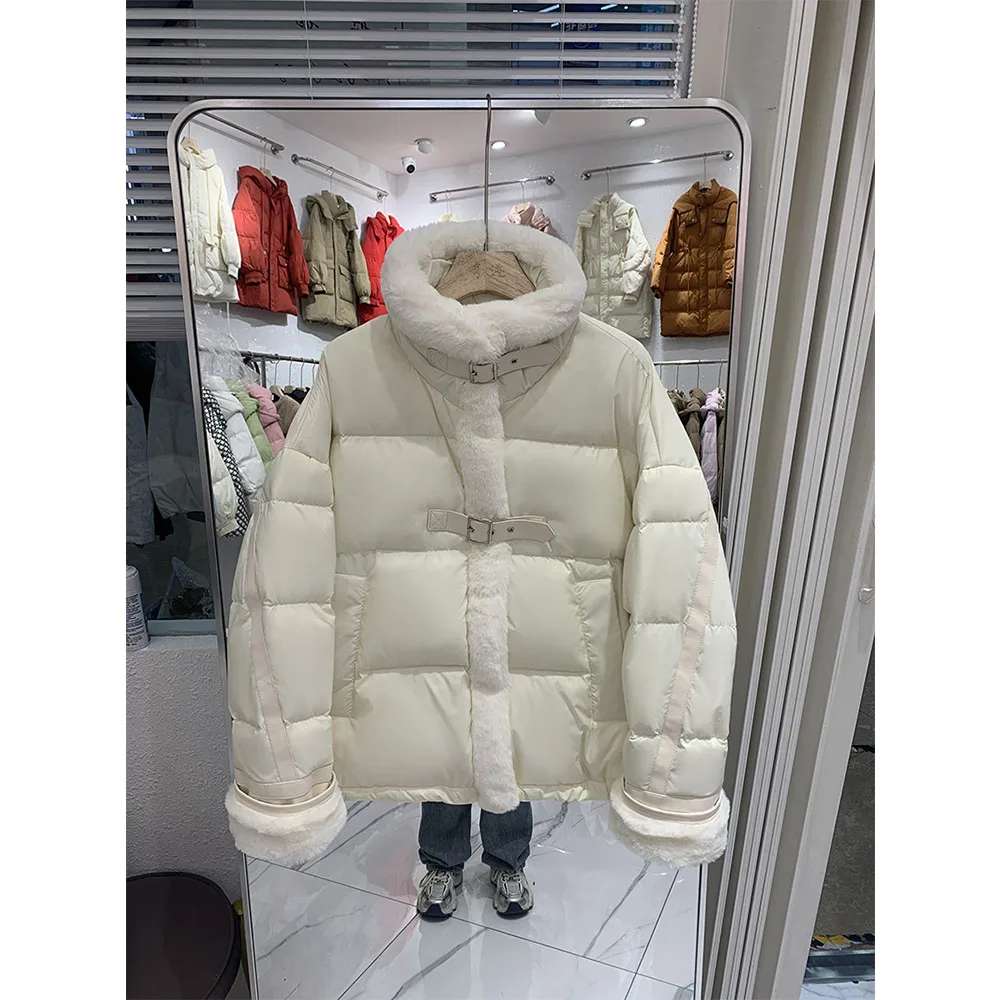 

Women Fashion White Duck Down Coat Patchwork Fur Collar Long Sleeve Puffer Jackets Thick Warm Female Commute Overcoats