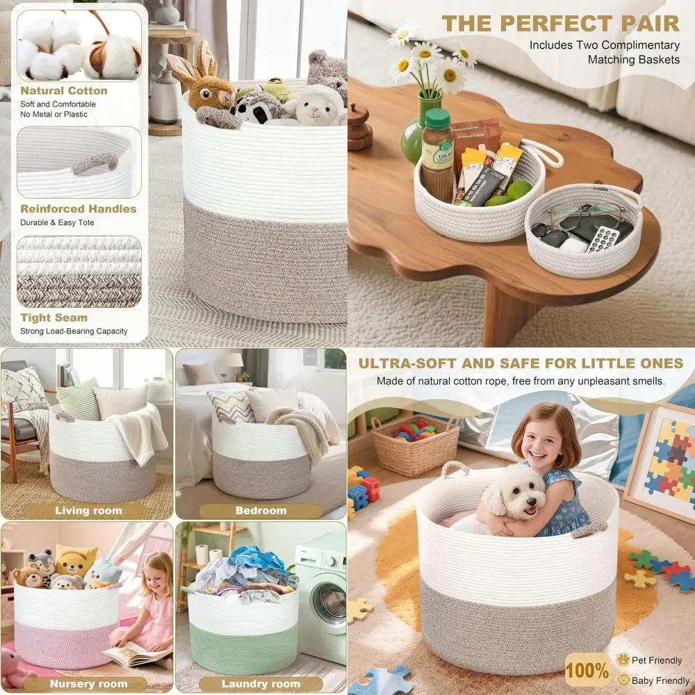 

XXXXL 125L Extra Large Blanket Basket, 24.8" x 16" Jumbo Woven Basket (Includes 2 Cute Baskets), Cotton Rope Basket with Handle