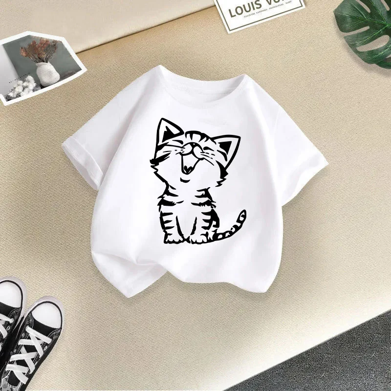 Summer New Cute Cat Animal Print Round Neck Short Sleeved Tee Shirt for Boys and Girls Fashionable and Simple Children's T-shirt