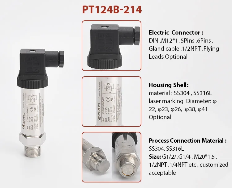 ZHYQ PT124B-214 Pressure Transducer Flush Diaphragm Type Pressure Sensor 4-20mA Absolute Pressure Transmitter