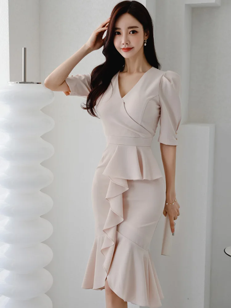 Elegant Office Lady Dress Summer V-Neck Half Sleeve Solid Color High Waistline Ruffled Fishtail Hem Temperament Party Dress