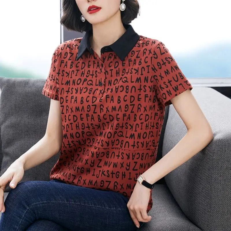 

Women's Clothing Stylish Turn-down Collar Button Pullovers Summer New Casual Letter Printed Commute Short Sleeve Spliced T-shirt