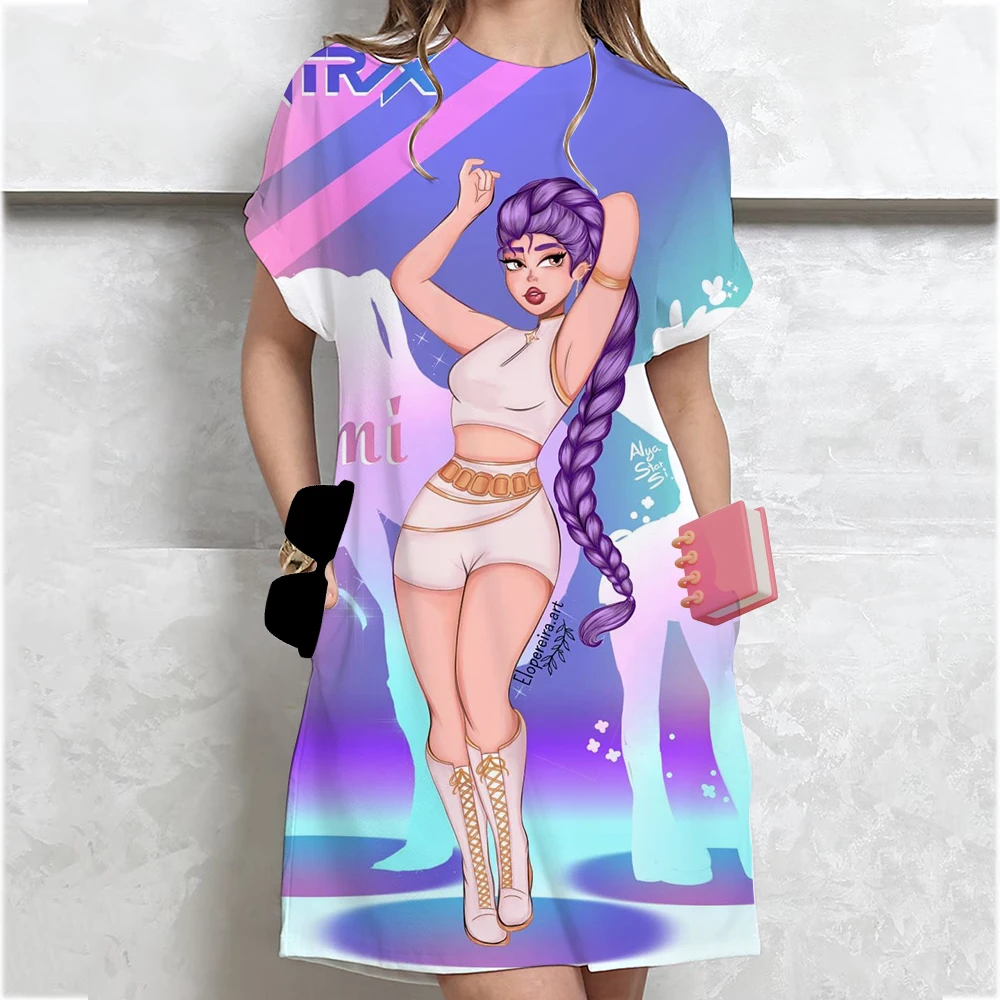 ﻿   Dames zomer nieuwe T-shirtjurk met korte mouwen Kpop Demon Hunters Huntrix losse halflange overknee-jurk