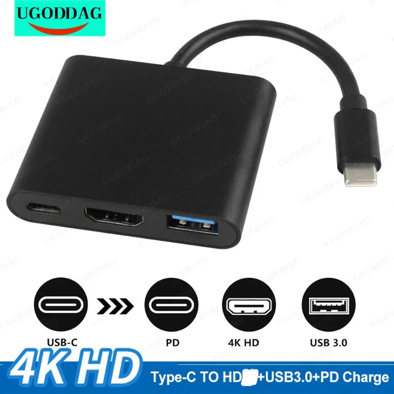 HUB USB C vers répartiteur compatible HDMI USB-C 3 en 1 4K HDTV USB 3.0 PD charge rapide adaptateur intelligent pour MacPleDell