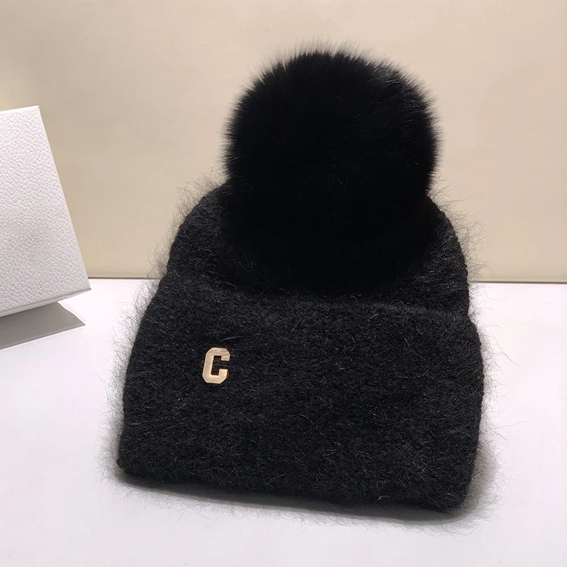 Hat Angora Women Winter Knit Beanie Pompom Real Fur Autumn Warm Skiing Accessory For Sports Outdoors