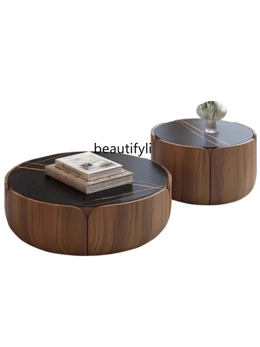 

Italian minimalist round solid wood rock slab round coffee table household living room light luxury modern