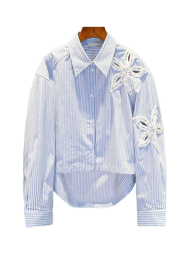 S Home Nan You Top da donna di fascia alta con design a righe irt con perline Top francese Sle vestibilità ampia in cotone poliestere lungo lunghezza Sve ort