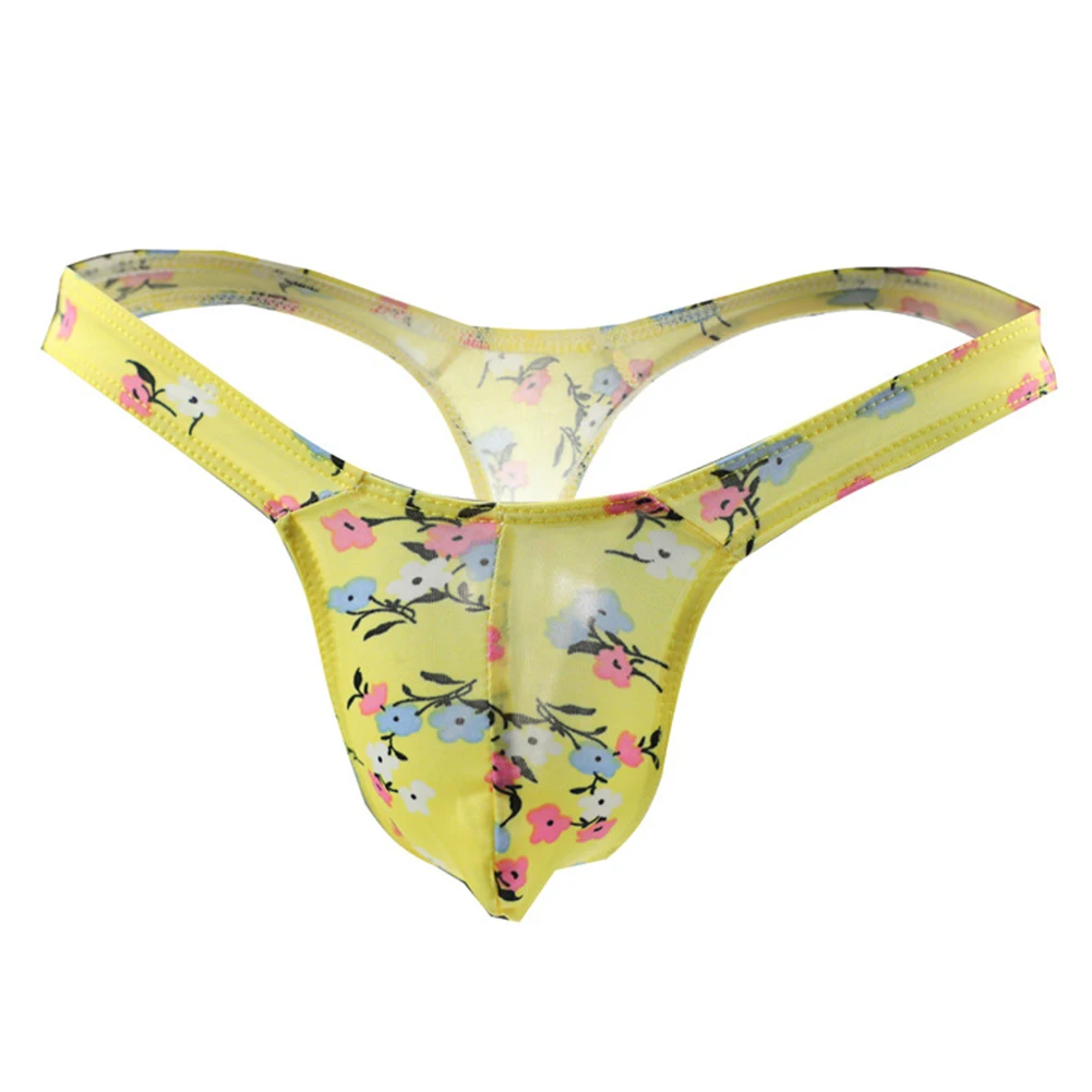 Ice Silk Skin-friendly Thong Briefs Men Floral Print G String Underpants Breathable Moisture Underwear Bikini Low Waist Panties