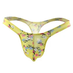 Ice Silk Skin-friendly Thong Briefs Men Floral Print G String Underpants Breathable Moisture Underwear Bikini Low Waist Panties